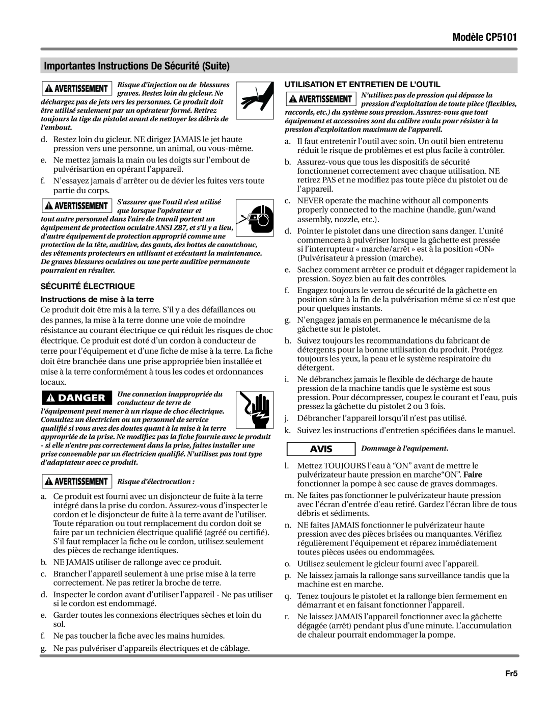 Campbell Hausfeld manual Modèle CP5101, Importantes Instructions De Sécurité Suite, Utilisation et entretien de l’outil 