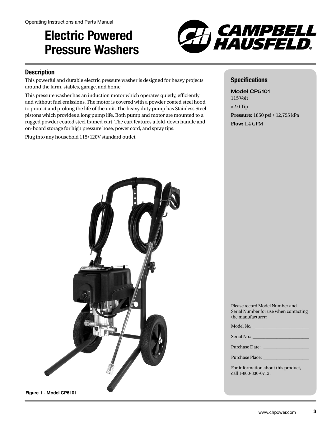Campbell Hausfeld CP5101 manual Electric Powered Pressure Washers, Description, Specifications 
