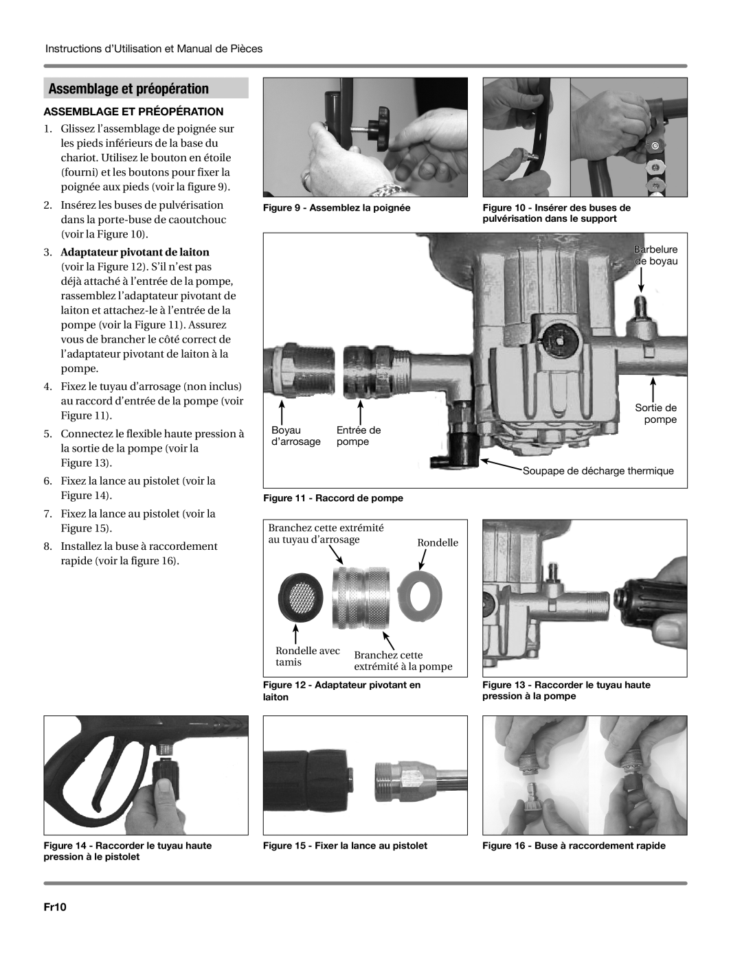 Campbell Hausfeld CP5101 manual Assemblage et préopération, Adaptateur pivotant de laiton, Fr10 
