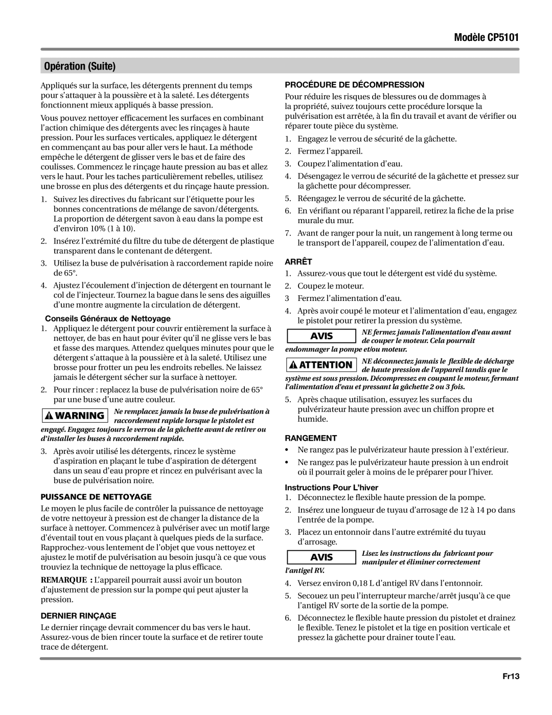 Campbell Hausfeld CP5101 Conseils Généraux de Nettoyage, Puissance de nettoyage, Dernier Rinçage, Arrêt, Rangement, Fr13 