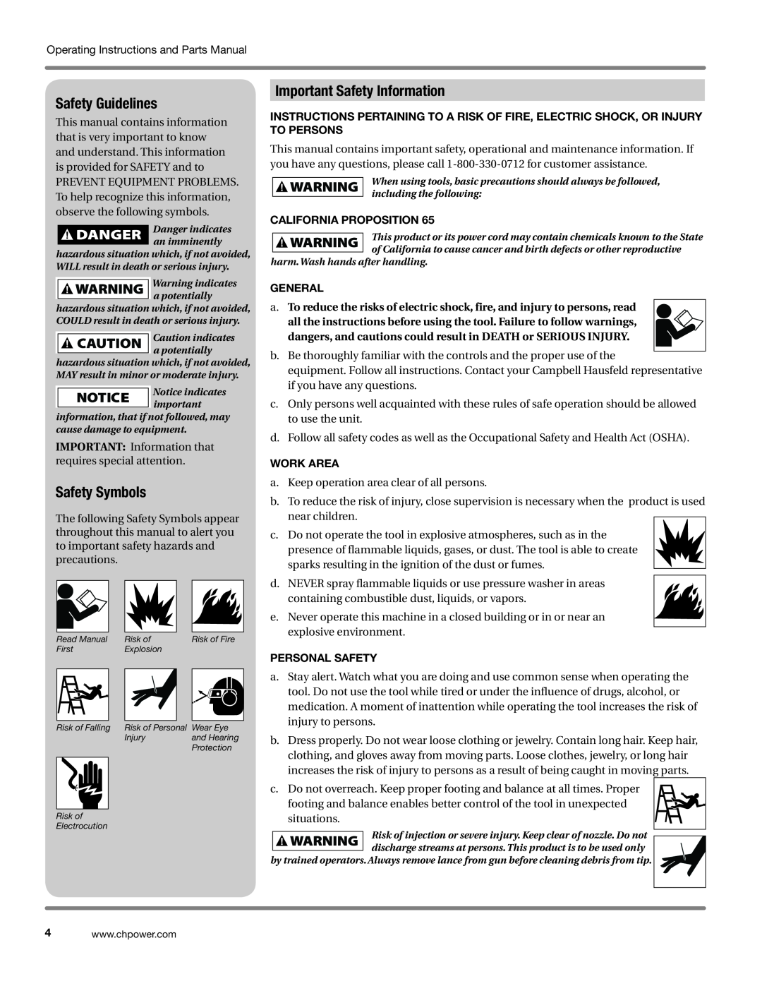 Campbell Hausfeld CP5101 Safety Guidelines, Safety Symbols, Important Safety Information, California Proposition, General 