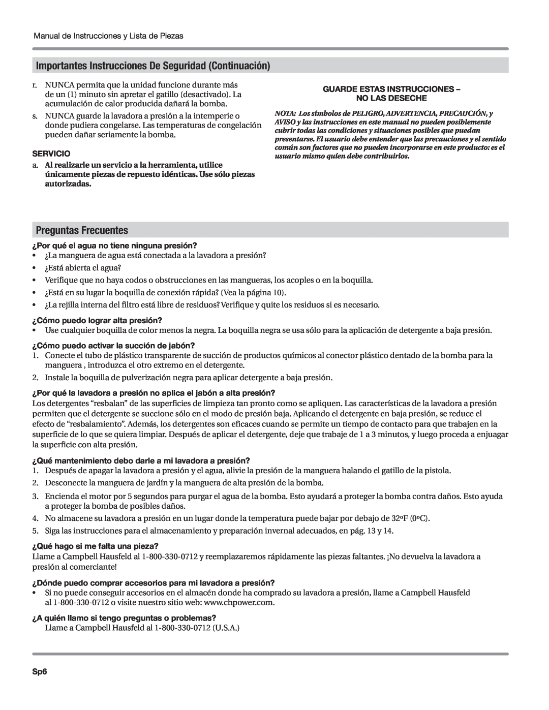 Campbell Hausfeld CP5101 manual Importantes Instrucciones De Seguridad Continuación, Preguntas Frecuentes, Servicio 