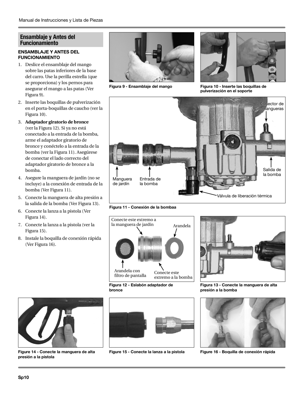 Campbell Hausfeld CP5101 manual Ensamblaje y Antes del Funcionamiento, Sp10 