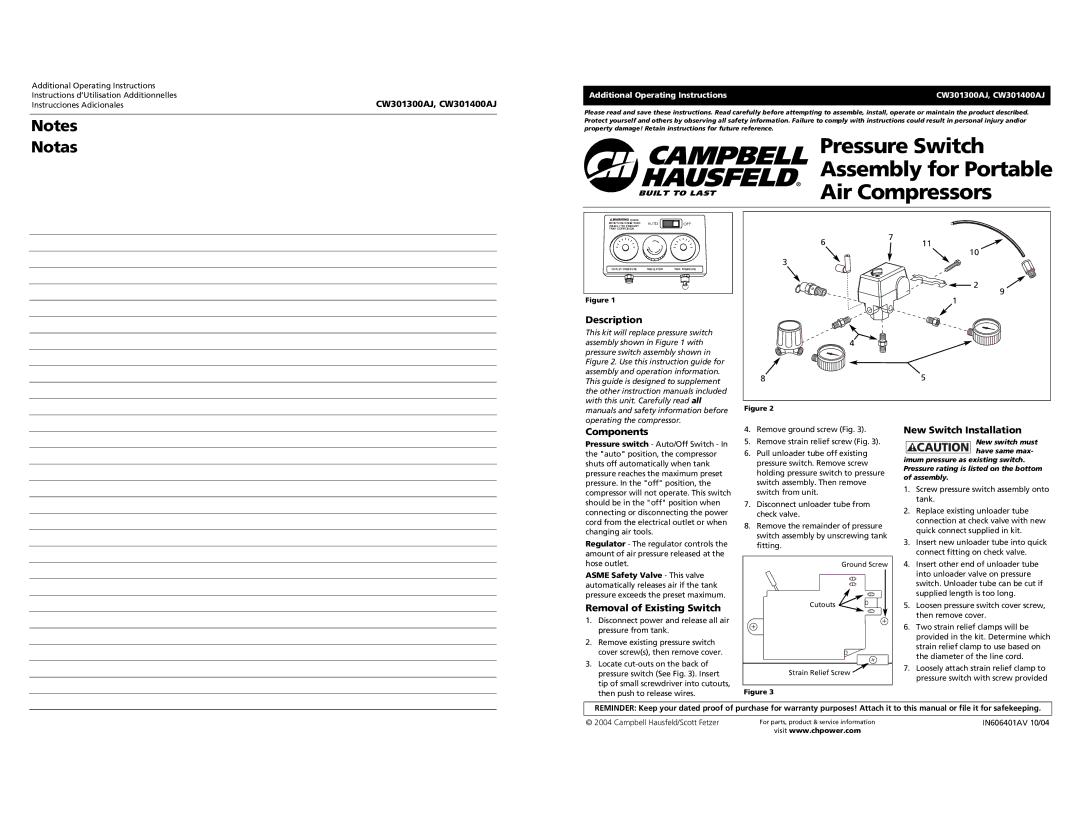 Campbell Hausfeld CW301300AJ, CW301400AJ operating instructions Description, Components, Removal of Existing Switch 