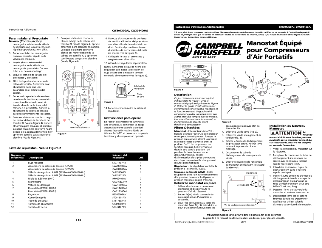 Campbell Hausfeld CW301300AJ, CW301400AJ Instrucciones para operar, Pièces Détachées, Installation du Nouveau Manostat 