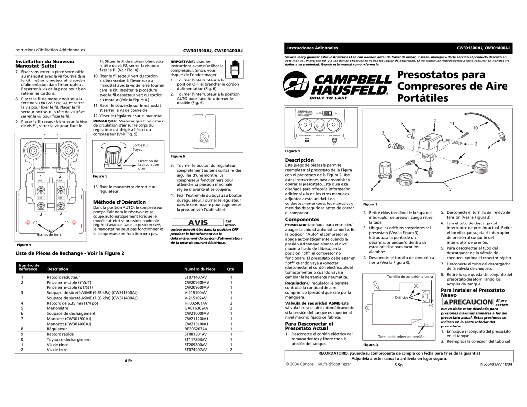 Campbell Hausfeld CW301400AJ Installation du Nouveau Manostat Suite, Méthode d’Opération, Descripción, Componentes 