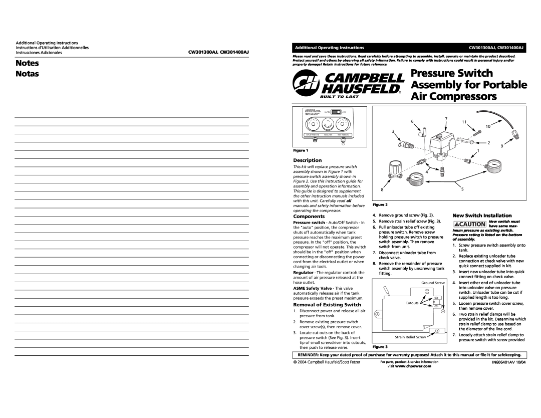 Campbell Hausfeld CW301300AJ operating instructions Pressure Switch, Assembly for Portable, Air Compressors, Notes Notas 