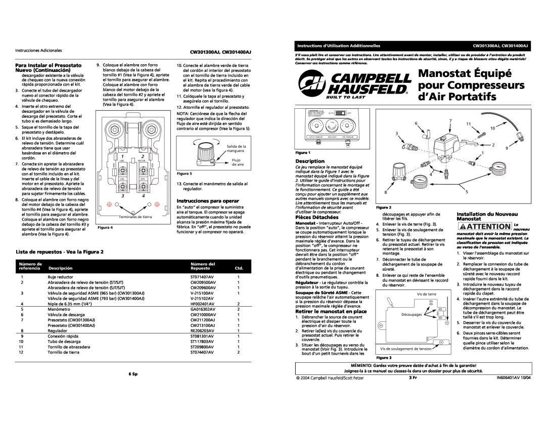 Campbell Hausfeld CW301300AJ Manostat Équipé, pour Compresseurs, d’Air Portatifs, Instrucciones para operar, Número de 