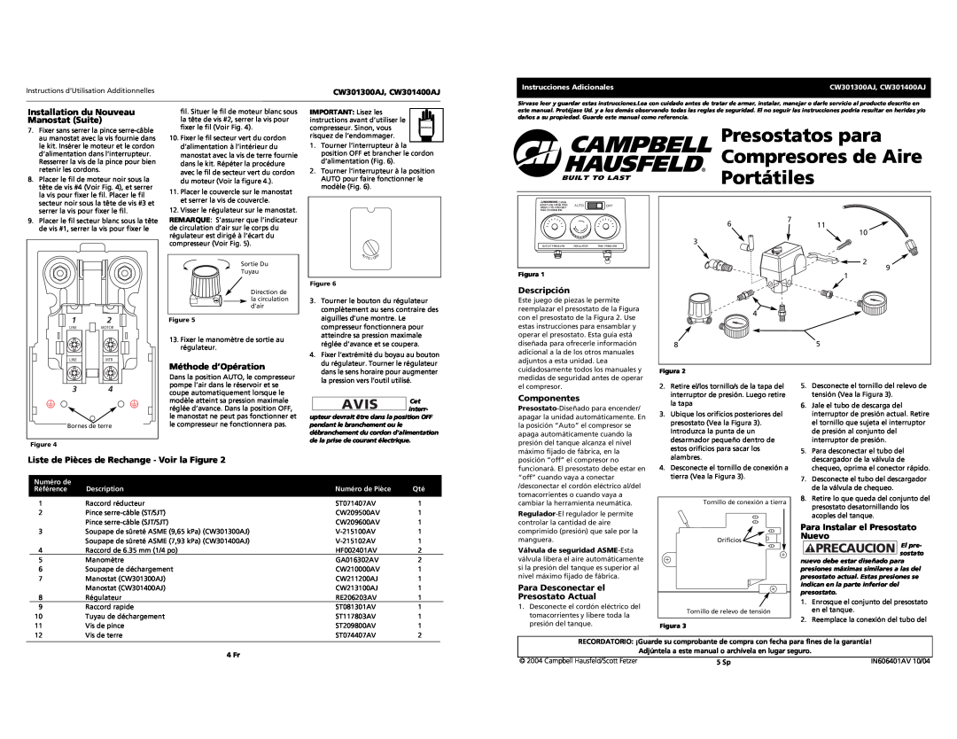 Campbell Hausfeld CW301400AJ Presostatos para, Compresores de Aire, Portátiles, AVIS Cet, Méthode d’Opération, Descripción 
