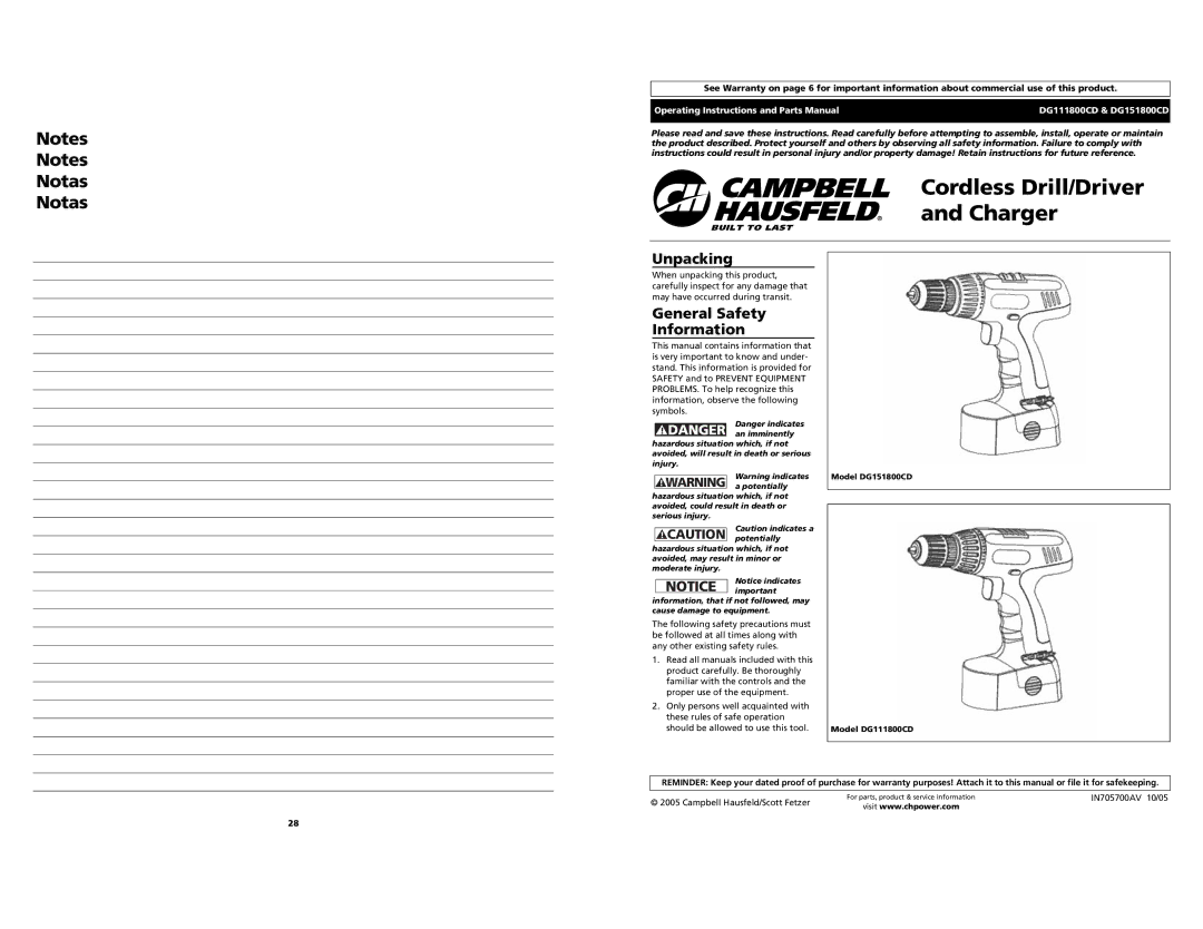 Campbell Hausfeld DG111800CD operating instructions Cordless Drill/Driver Charger, Unpacking, General Safety Information 