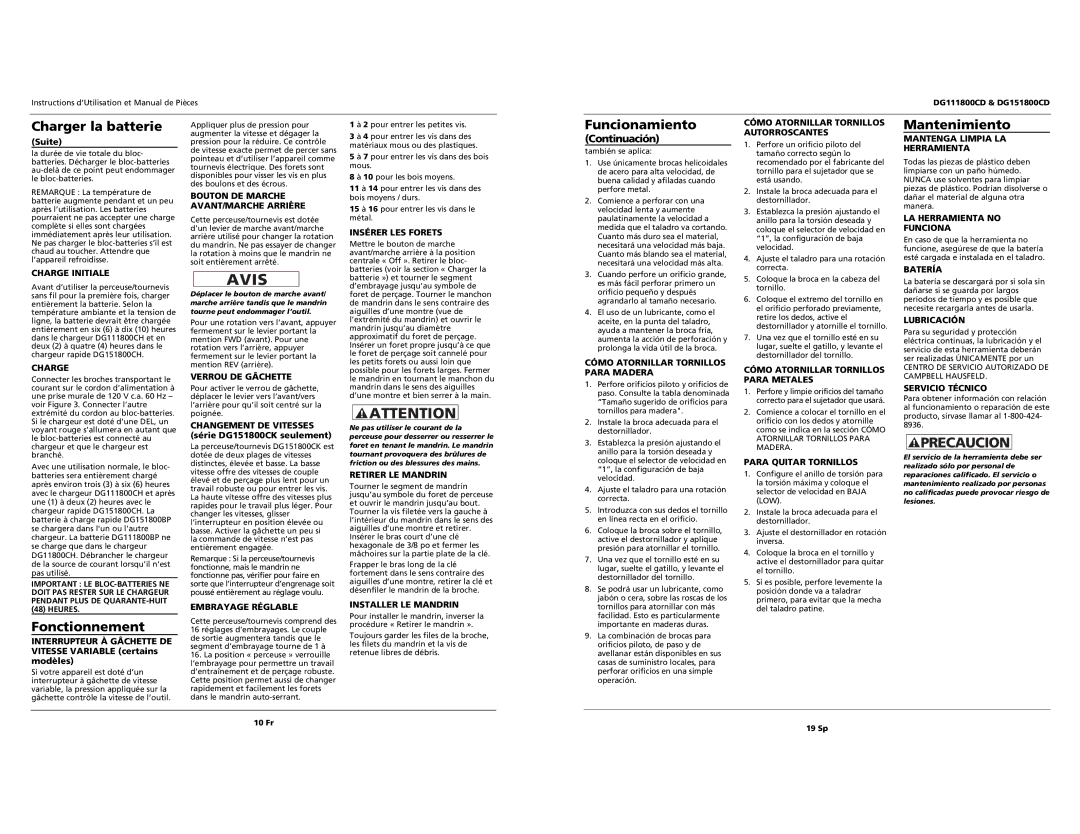 Campbell Hausfeld DG151800CD, DG111800CD operating instructions Fonctionnement, Funcionamiento, Mantenimiento 