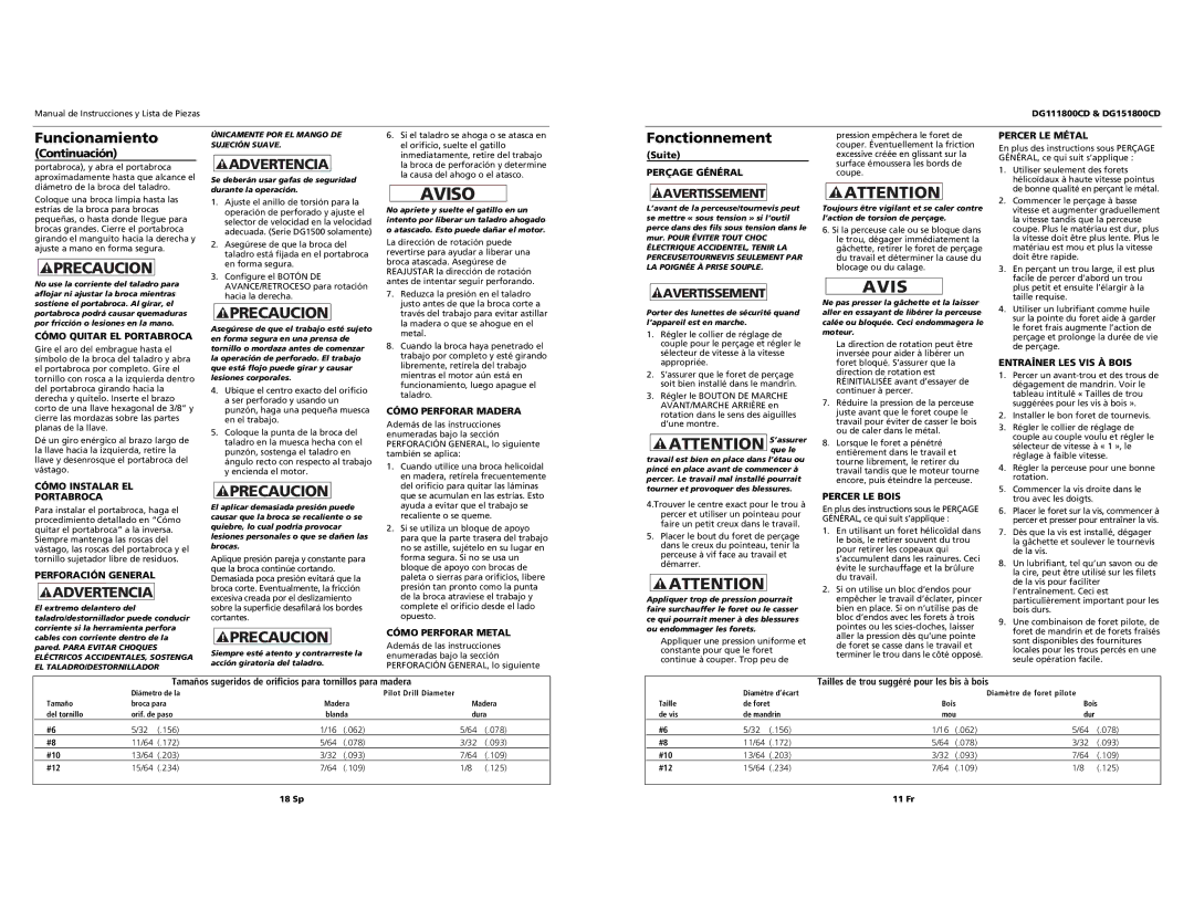 Campbell Hausfeld DG111800CD Cómo Quitar EL Portabroca, Cómo Instalar EL Portabroca, Perforación General, Perçage Général 