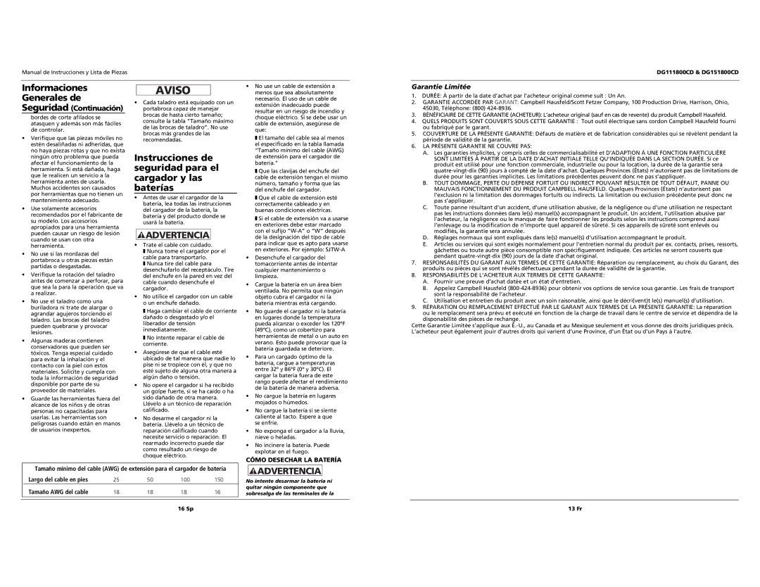 Campbell Hausfeld DG111800CD, DG151800CD Instrucciones de seguridad para el cargador y las baterías, Garantie Limitée 