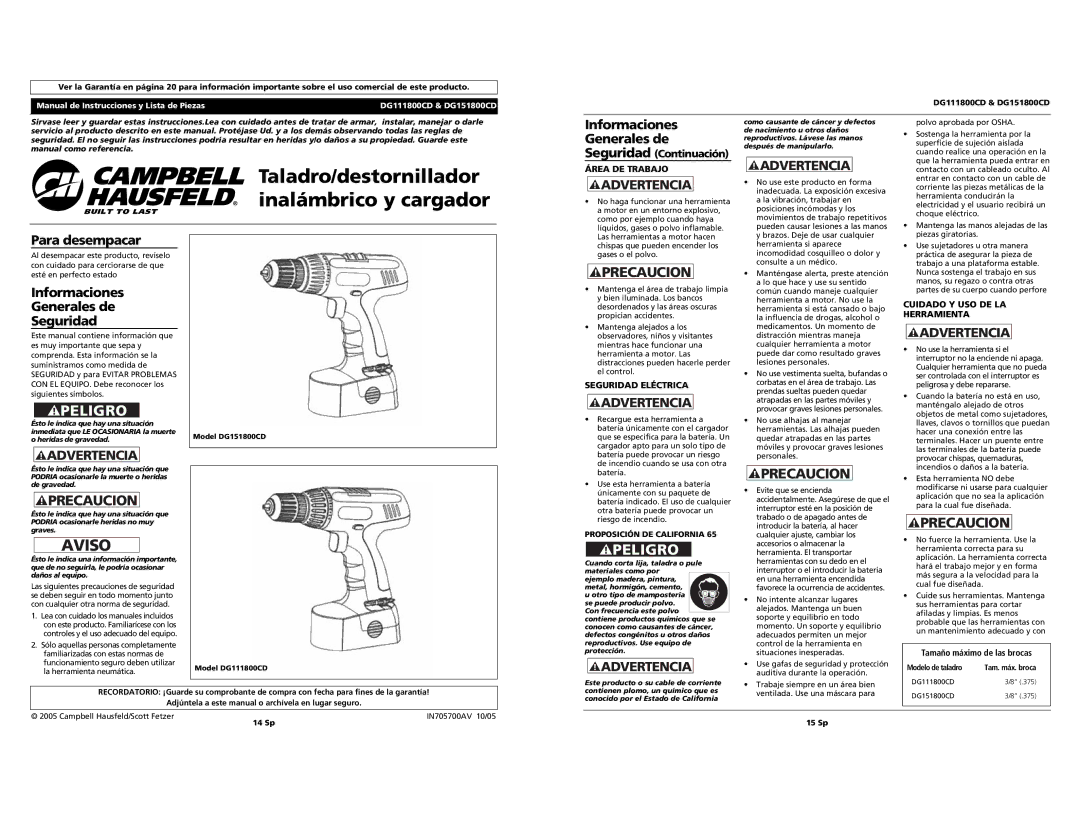 Campbell Hausfeld DG151800CD, DG111800CD Taladro/destornillador, Inalámbrico y cargador, Para desempacar 