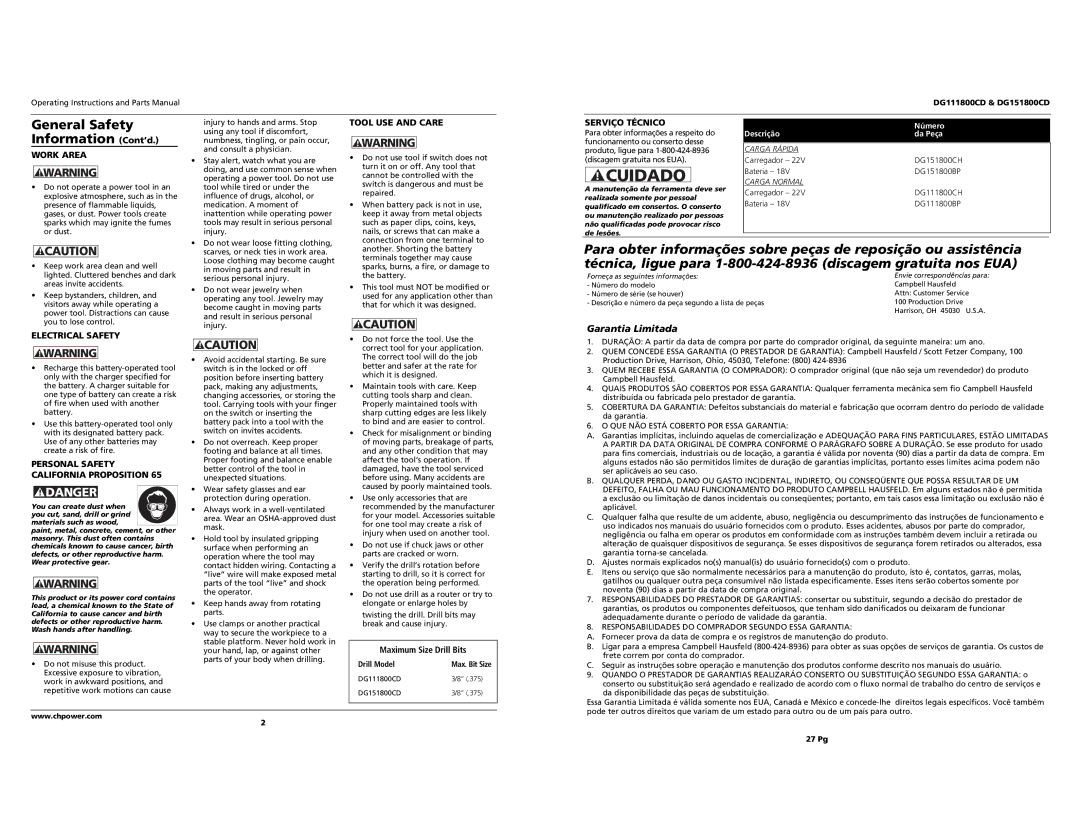 Campbell Hausfeld DG151800CD, DG111800CD Cuidado, General Safety Information Cont’d, Garantia Limitada 