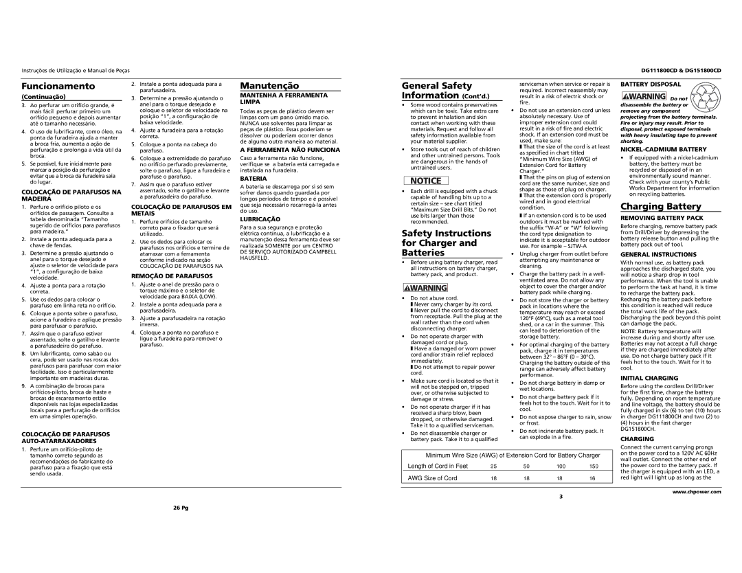 Campbell Hausfeld DG111800CD Funcionamento, Manutenção, Safety Instructions for Charger and Batteries, Charging Battery 
