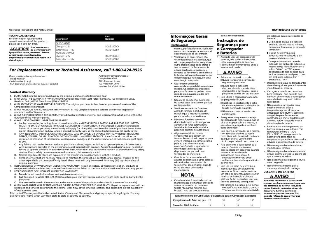 Campbell Hausfeld DG151800CD Informações Gerais de Segurança, Instruções de Segurança para Carregador e Baterias 