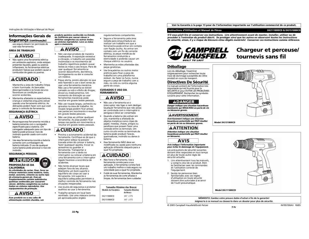 Campbell Hausfeld DG111800CD, DG151800CD Chargeur et perceuse/ tournevis sans fil, Avis, Déballage, Directives De Sécurité 