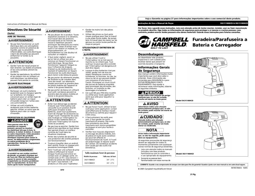 Campbell Hausfeld DG151800CD, DG111800CD Furadeira/Parafuseira a Bateria e Carregador, Desembalagem, Aire DE Travail 