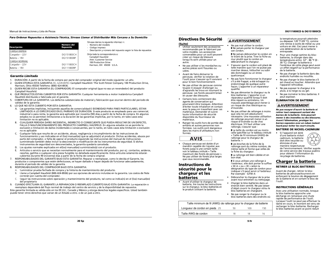 Campbell Hausfeld DG111800CD, DG151800CD Instructions de sécurité pour le chargeur et les batteries, Charger la batterie 