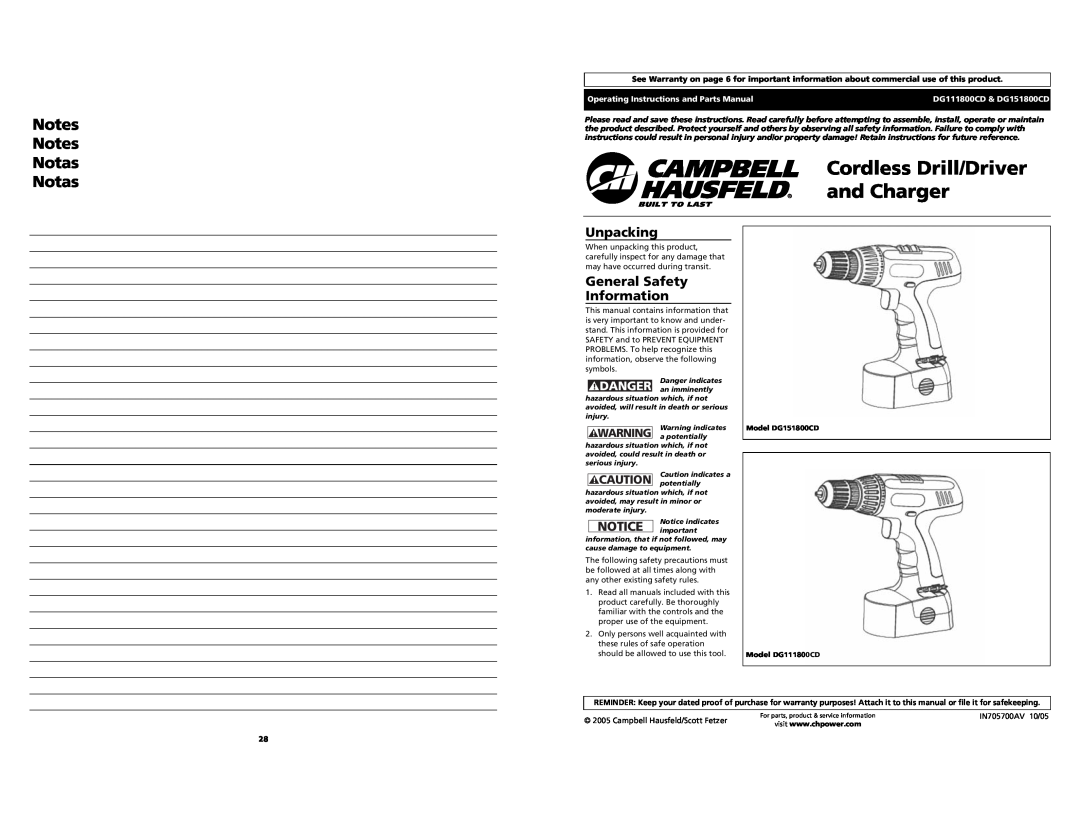 Campbell Hausfeld DG111800CD, DG151800CD operating instructions Cordless Drill/Driver and Charger, Unpacking, Notas Notas 