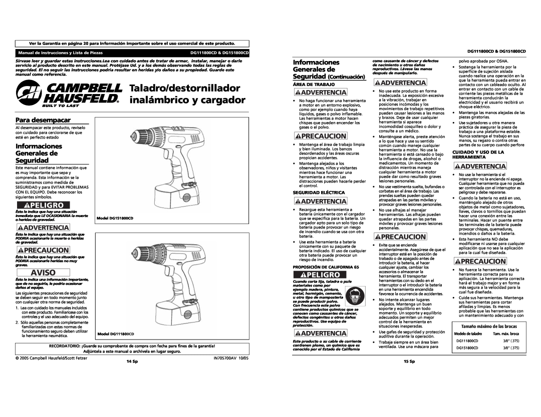 Campbell Hausfeld DG151800CD Taladro/destornillador, inalámbrico y cargador, Peligro, Para desempacar, Informaciones 