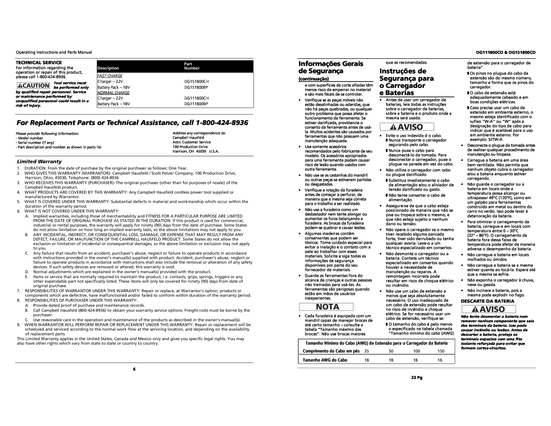 Campbell Hausfeld DG151800CD Informações Gerais de Segurança, Instruções de Segurança para o Carregador e Baterias, Nota 