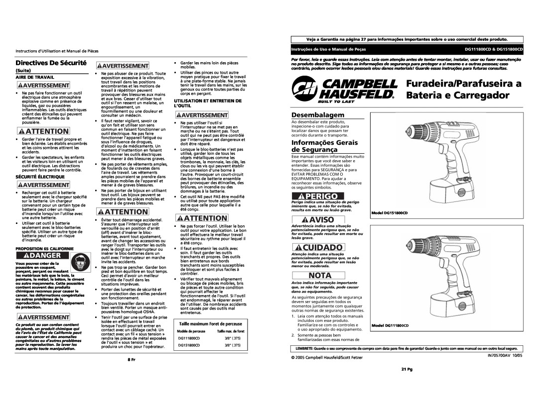 Campbell Hausfeld DG151800CD Furadeira/Parafuseira a Bateria e Carregador, Desembalagem, Avertissement, Perigo, Aviso 