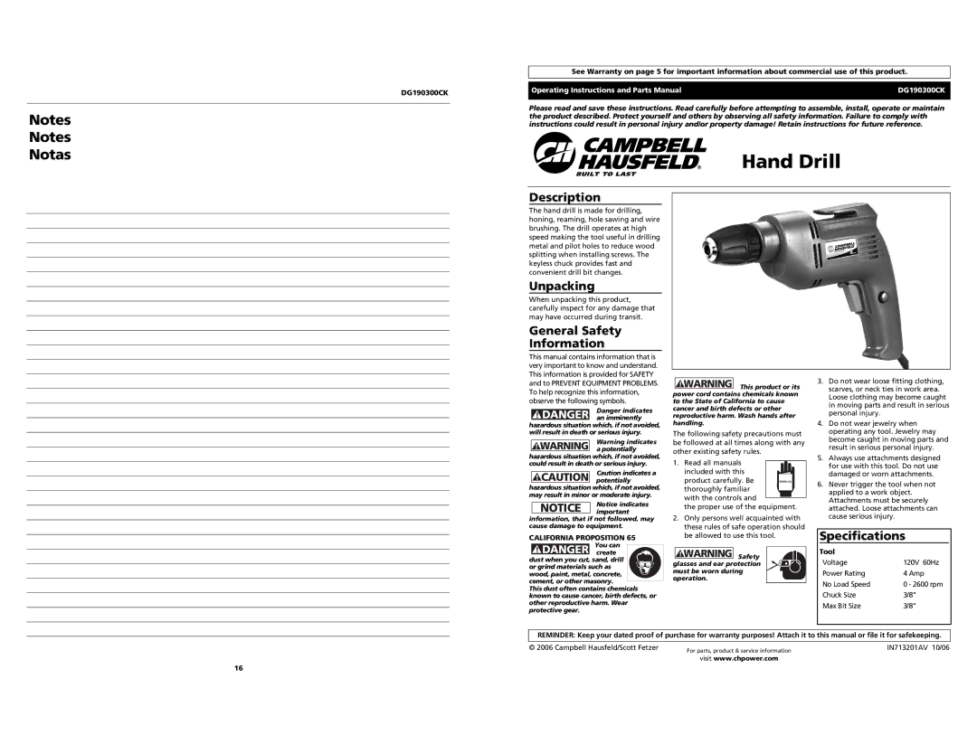 Campbell Hausfeld DG190300CK specifications Hand Drill, Description, Unpacking, General Safety Information, Specifications 