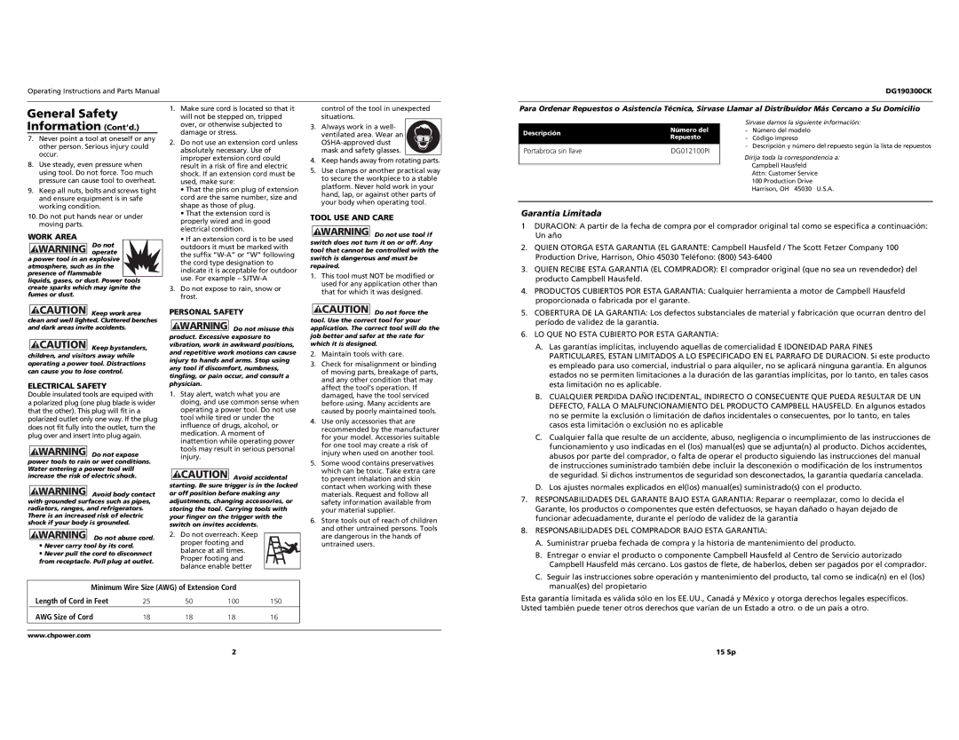 Campbell Hausfeld DG190300CK specifications General Safety, Information Cont’d, Garantía Limitada 