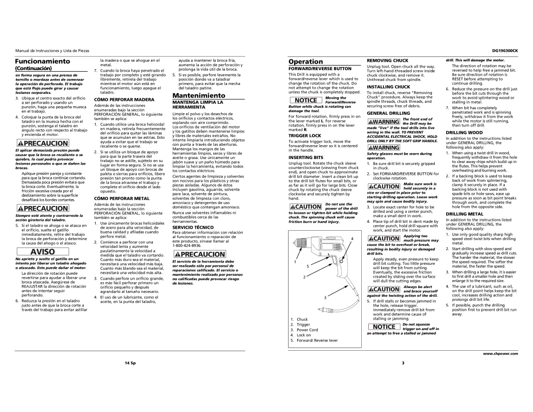 Campbell Hausfeld DG190300CK specifications Aviso, Funcionamiento, Mantenimiento, Operation 