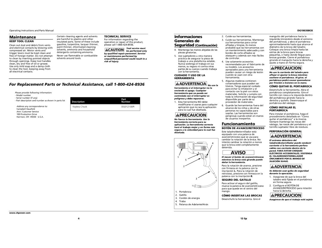 Campbell Hausfeld DG190300CK specifications Maintenance 