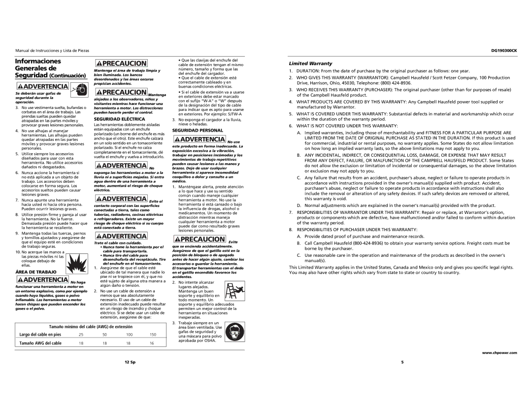 Campbell Hausfeld DG190300CK specifications Advertencia No haga, Advertencia Evite el, Limited Warranty 