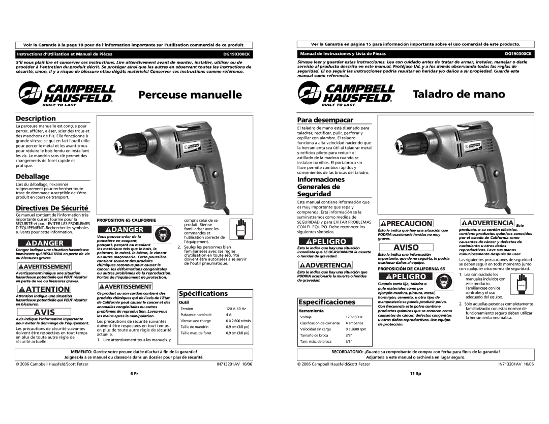 Campbell Hausfeld DG190300CK specifications Perceuse manuelle, Taladro de mano, Avis 