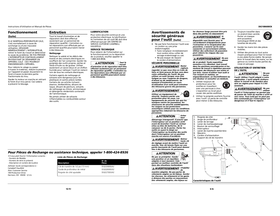 Campbell Hausfeld DG190600CK S Fonctionnement, Entretien, Avertissements de sécurité généraux pour l’outil Suite 