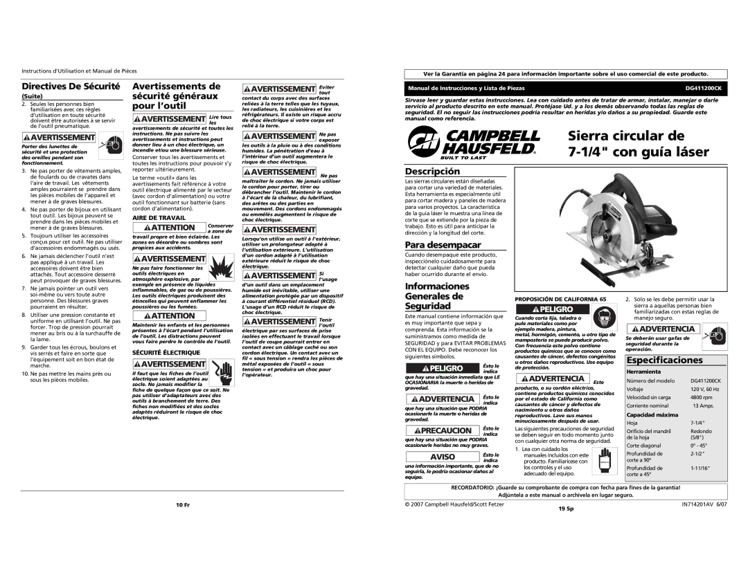 Campbell Hausfeld DG411200CK specifications Avertissements de sécurité généraux pour l’outil, Descripción, Para desempacar 