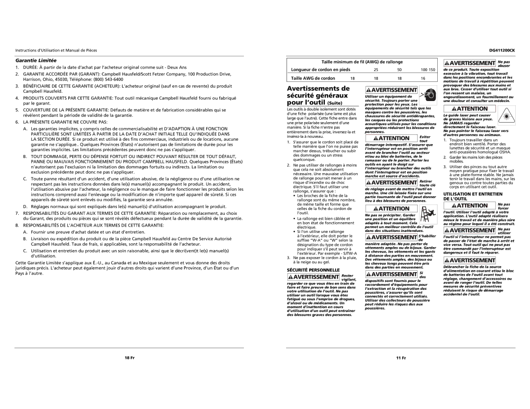 Campbell Hausfeld DG411200CK Avertissements de sécurité généraux pour l’outil Suite, Taille minimum de fil AWG de rallonge 