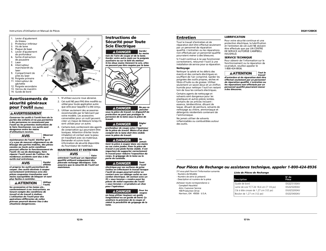 Campbell Hausfeld DG411200CK specifications Instructions de, Sécurité pour Toute Scie Électrique, EntretienLUBRIFICATION 