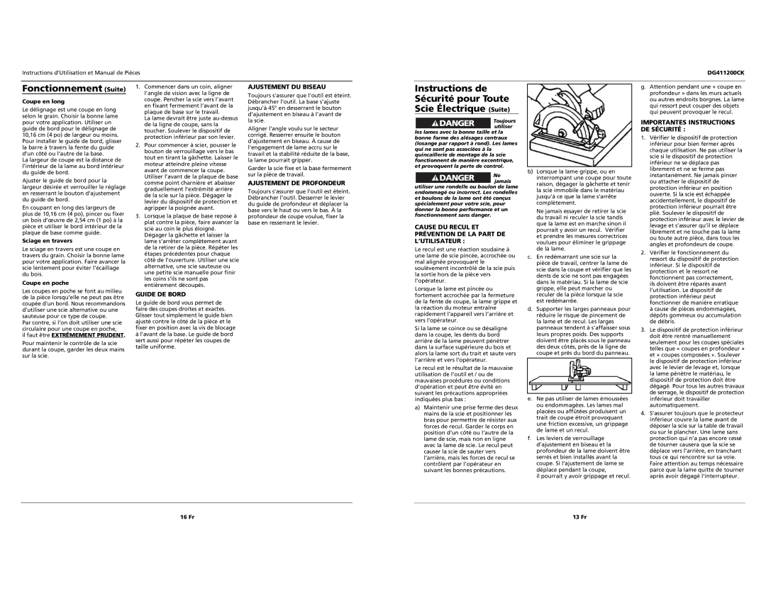 Campbell Hausfeld DG411200CK specifications Fonctionnement Suite, Instructions de Sécurité pour Toute Scie Électrique Suite 