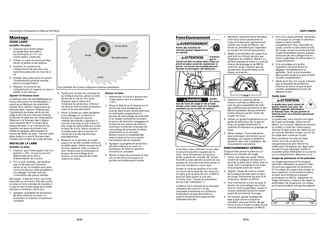Campbell Hausfeld DG411200CK specifications Montage, Guide Laser, Installer LA Lame, Fonctionnement Général 