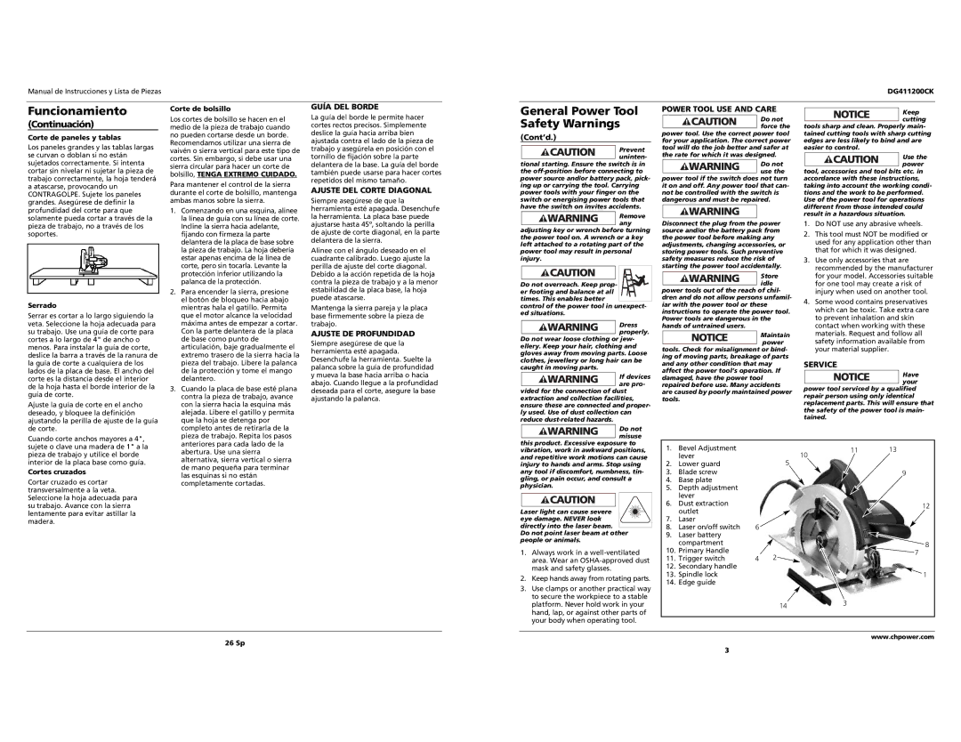 Campbell Hausfeld DG411200CK specifications Funcionamiento, General Power Tool Safety Warnings 