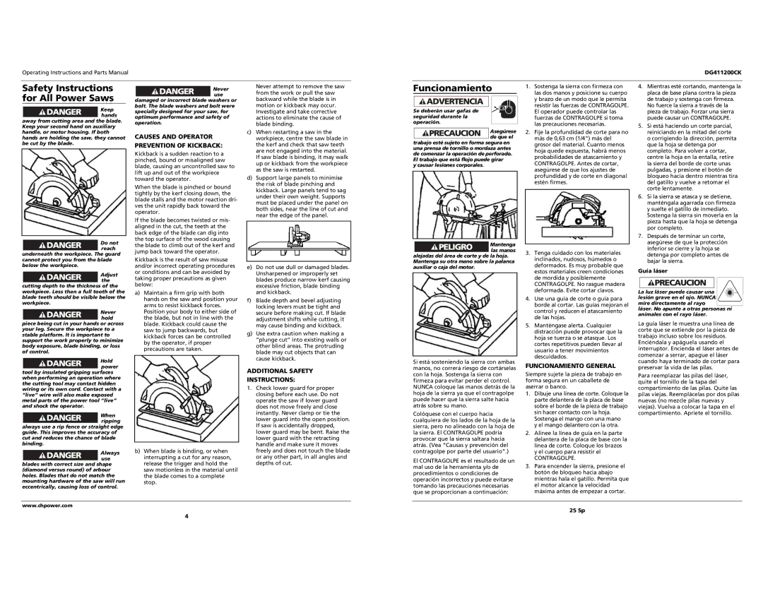 Campbell Hausfeld DG411200CK Safety Instructions for All Power Saws, Causes and Operator Prevention of Kickback 