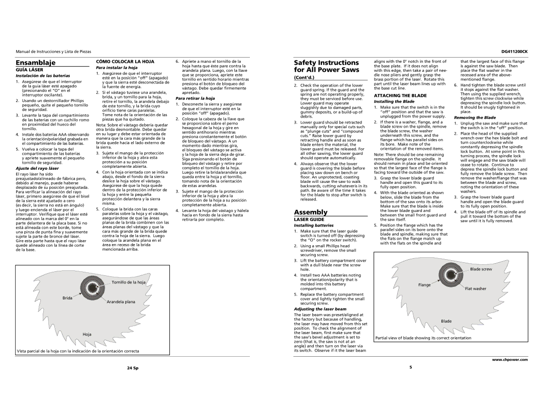 Campbell Hausfeld DG411200CK specifications Ensamblaje, Safety Instructions, For All Power Saws, Assembly 
