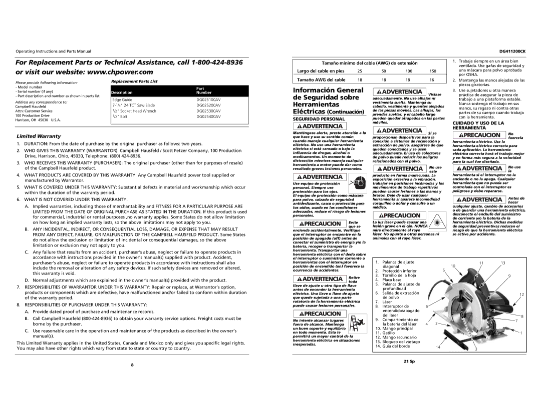 Campbell Hausfeld DG411200CK specifications Seguridad Personal, Cuidado Y USO DE LA, Herramienta 