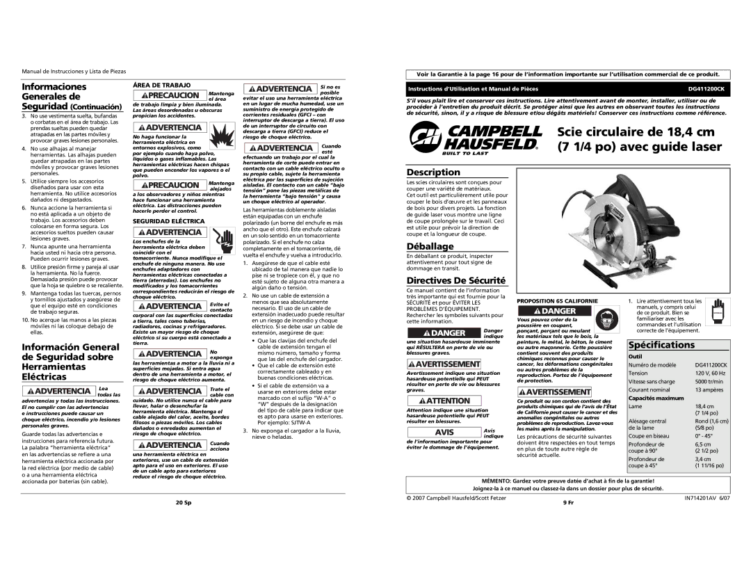 Campbell Hausfeld DG411200CK Déballage, Directives De Sécurité, Spécifications, Área DE Trabajo, Seguridad Eléctrica 