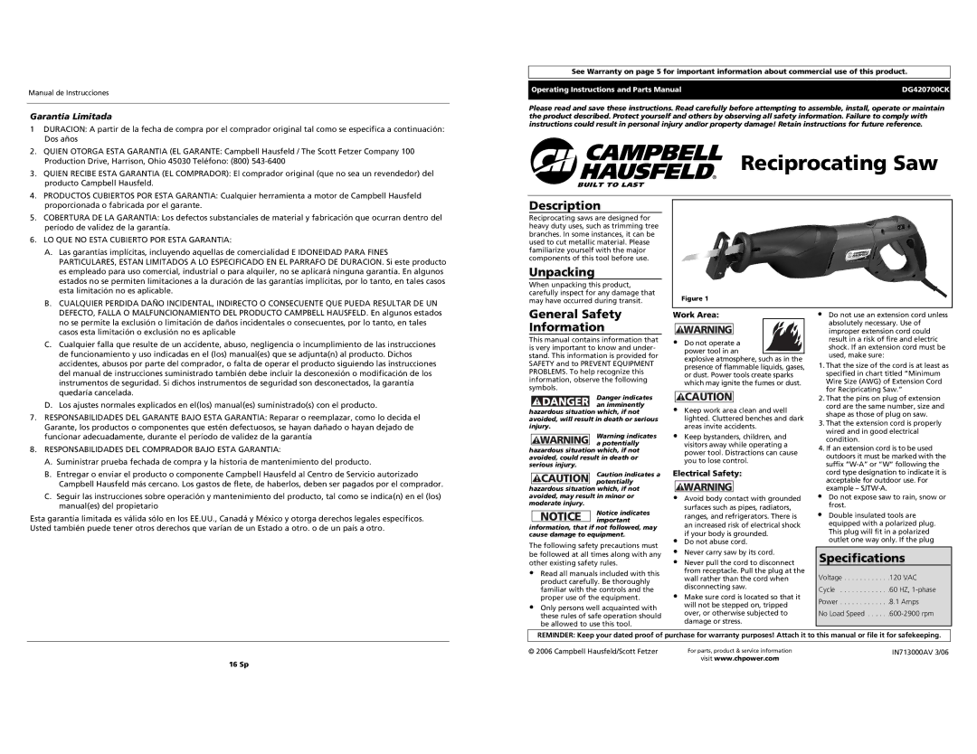 Campbell Hausfeld DG420700CK specifications Reciprocating Saw, Description, Unpacking, General Safety Information 