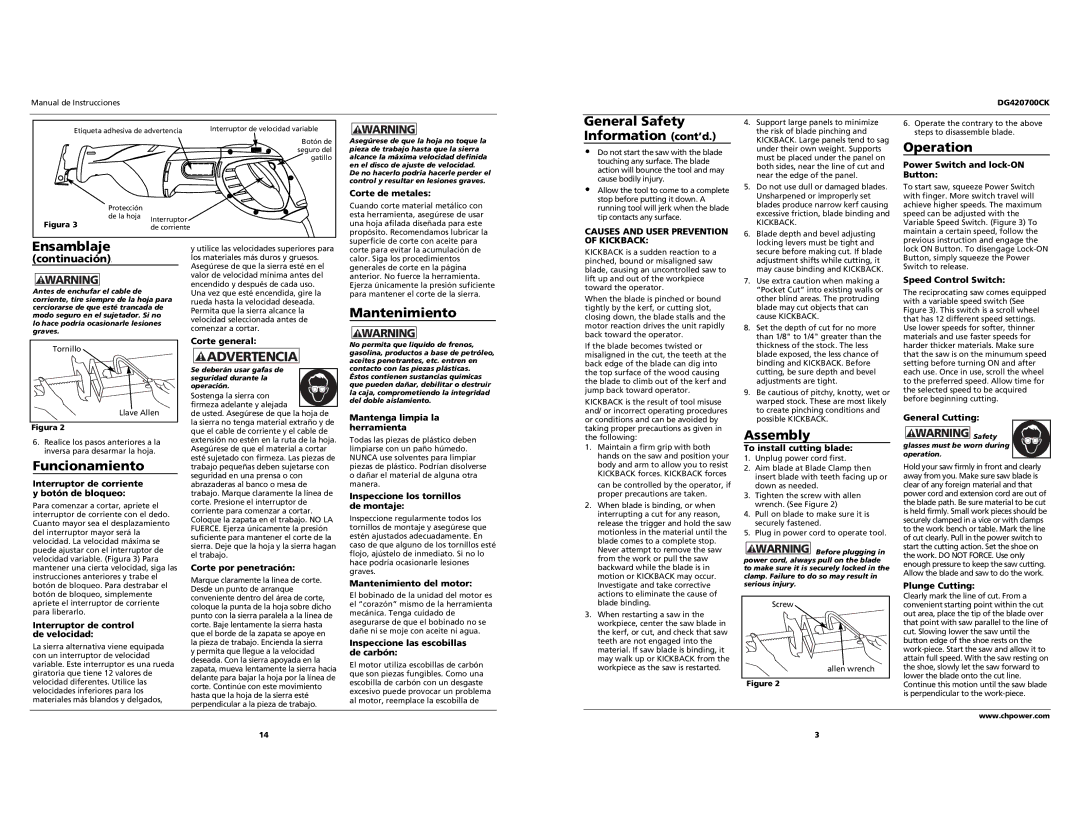 Campbell Hausfeld DG420700CK specifications Operation, Ensamblaje, Funcionamiento, Assembly, Kickback 