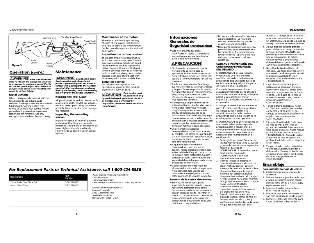 Campbell Hausfeld DG420700CK specifications Operation cont’d Maintenance, Informaciones Generales de Seguridad continuación 