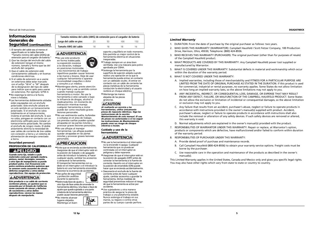 Campbell Hausfeld DG420700CK Limited Warranty, Tamaño AWG del cable, Securidad personal, Proposición DE California 