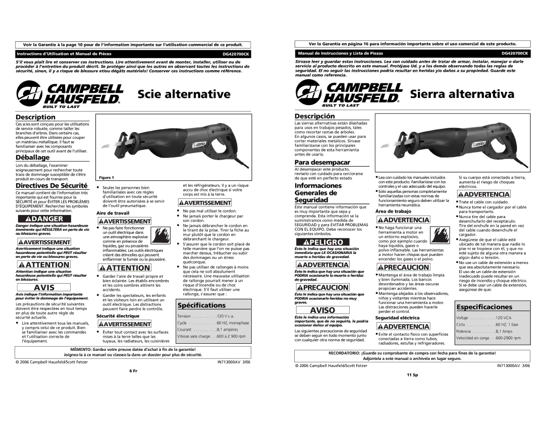 Campbell Hausfeld DG420700CK specifications Scie alternative, Sierra alternativa 